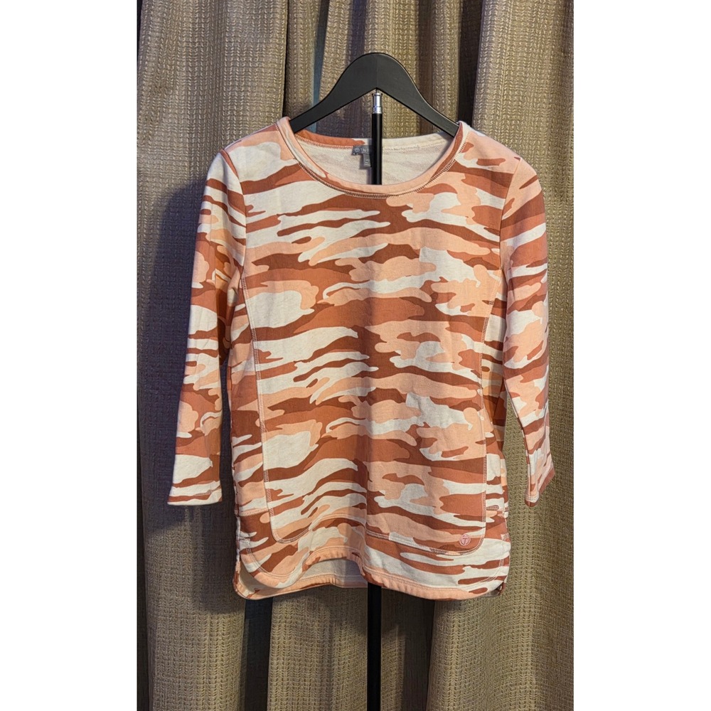 T By Talbots Camo Classic French Terry Pullover Women's Size XS Pink White